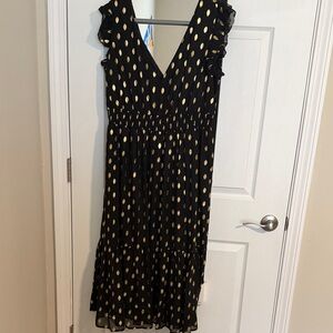Lulu's Elegant Black Midi Dress with Gold Accents